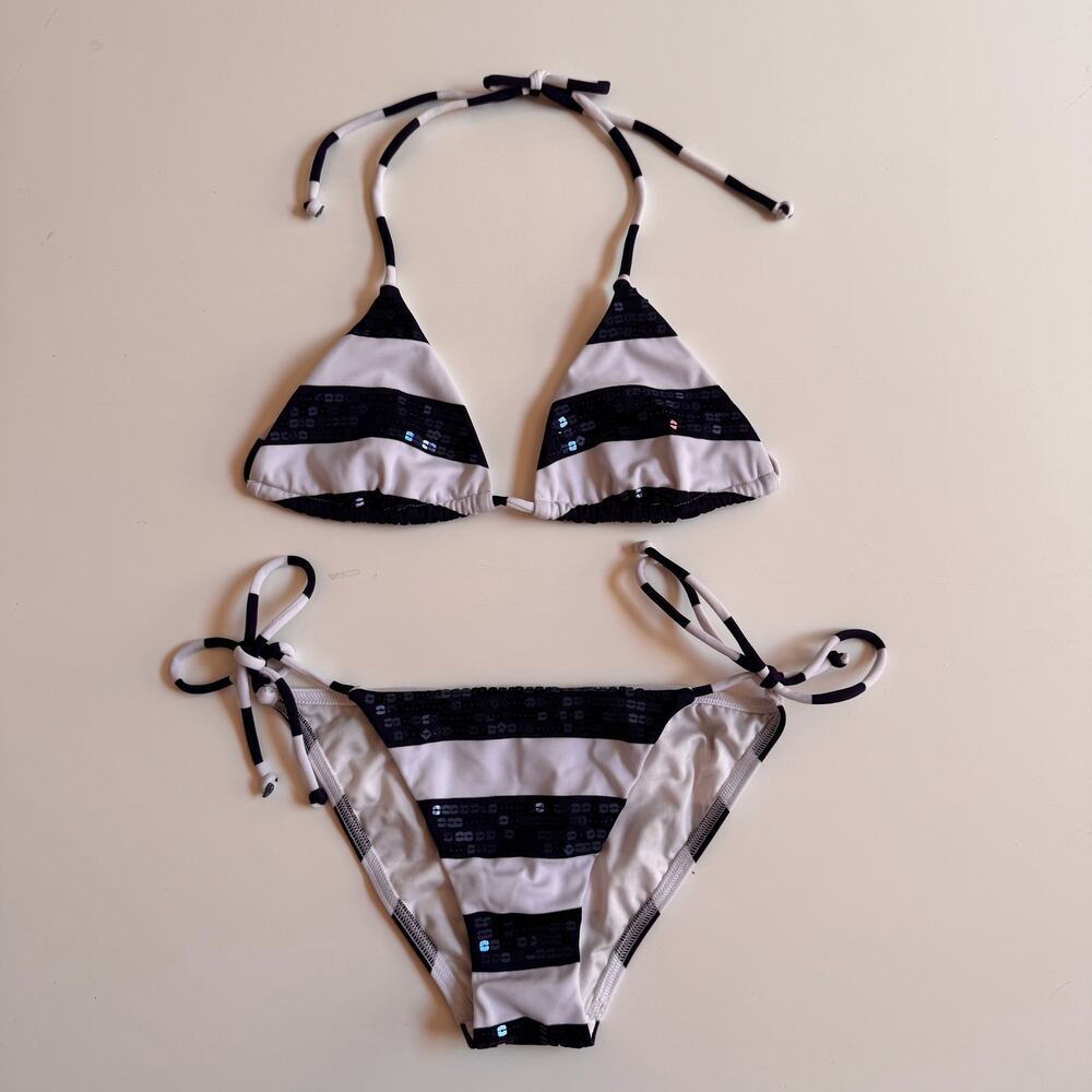 Victoria Secret Sequin String Bikini Bathing Swim Suit Preppy Stripe Small Y2K